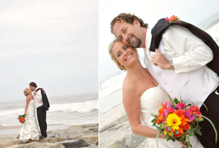 A bride and groom embracing on rocks at the ocean edge under an overcast sky, beside a closer frame of the couple laughing together