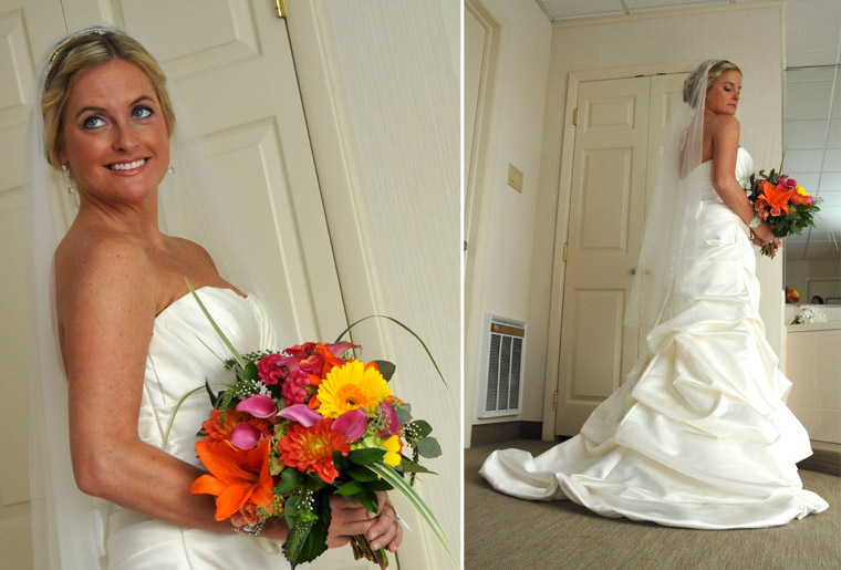 A bride in an ivory strapless gown and veil holding a bright orange and pink bouquet, beside a second frame of the full gown and train